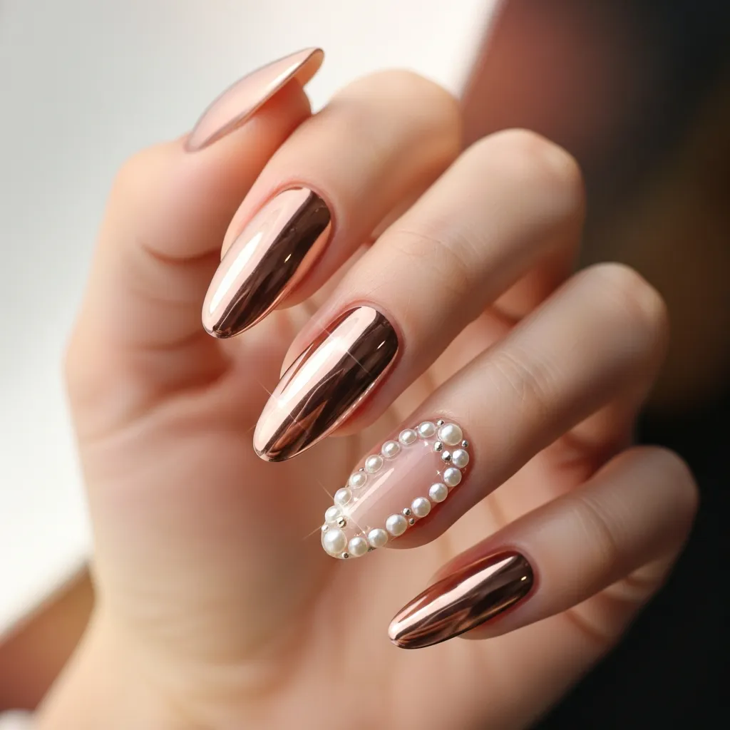 rose gold nails with pearl accents