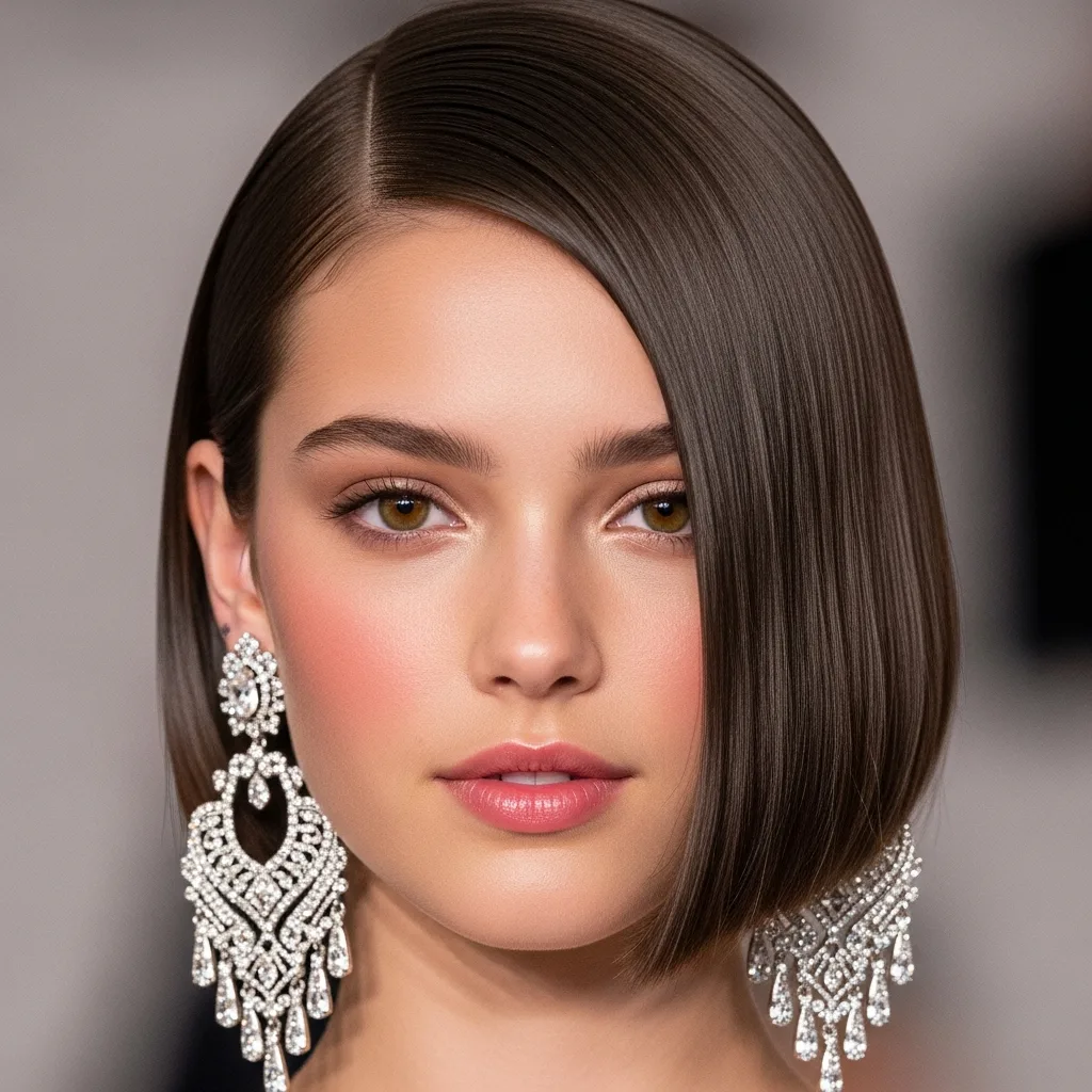 sleek and straight bob with statement earrings