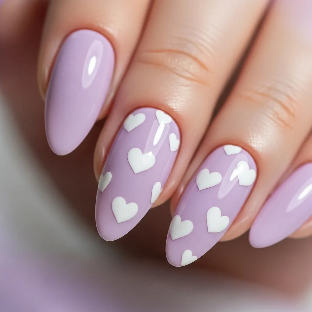 Top 19 Valentines Almond Nail Designs 17 soft lavender white hearts