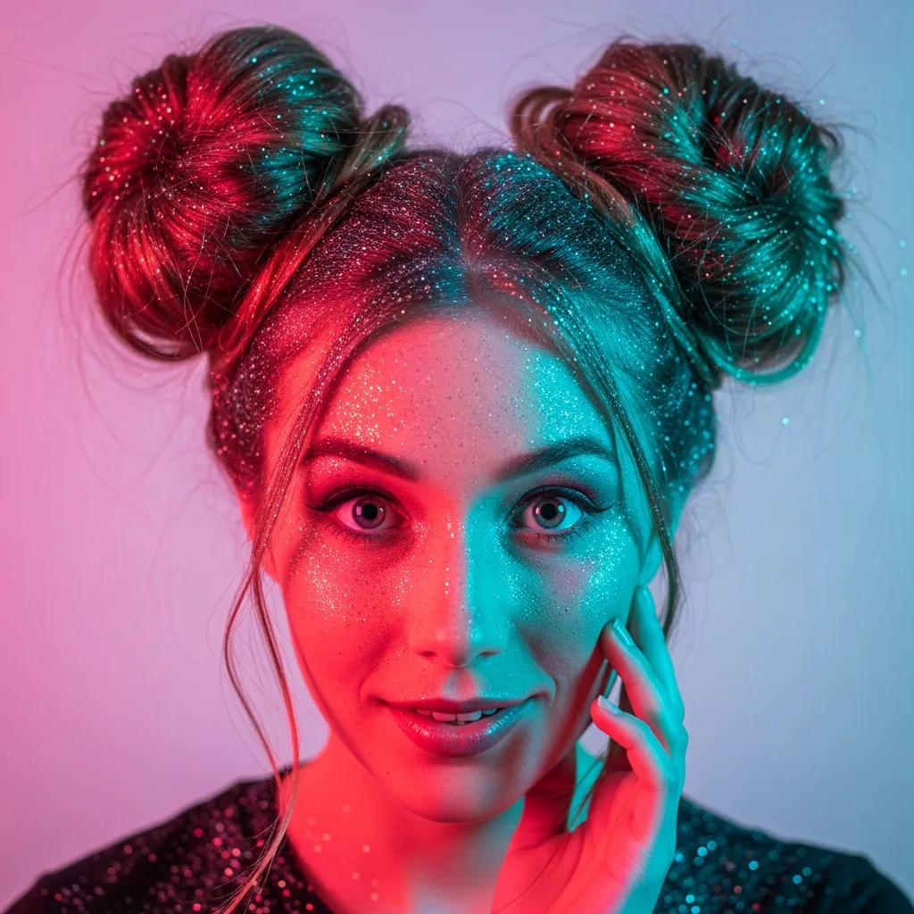 17 Hoco Hairstyles with Accessories 9 space buns with glitter hair spray