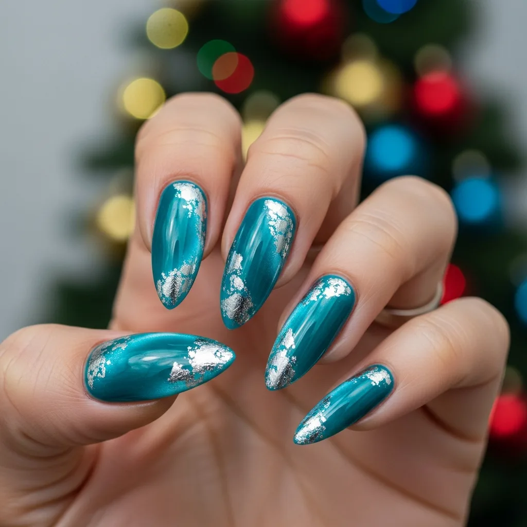 23 Perfect Valentines Cat Eye Nails Designs 14 teal cat eye with silver foil