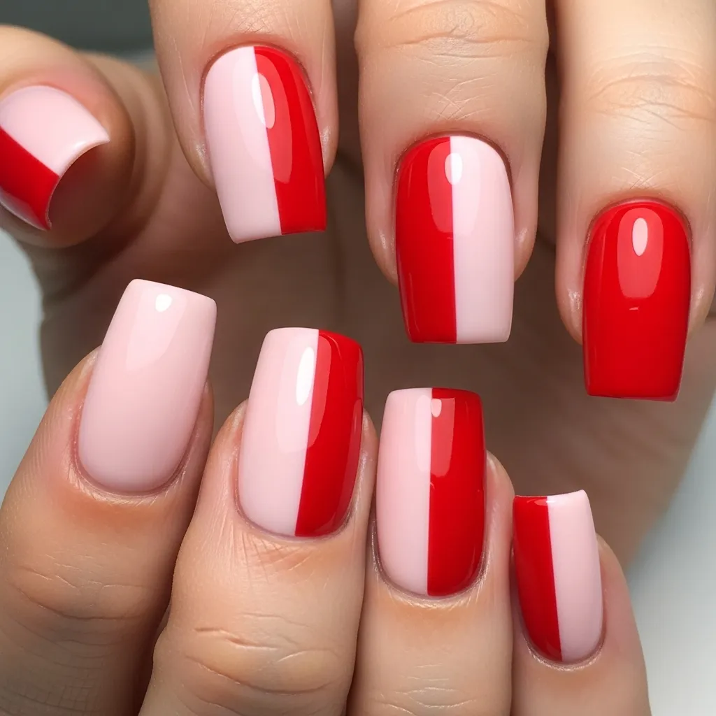 two tone pink and red square nails