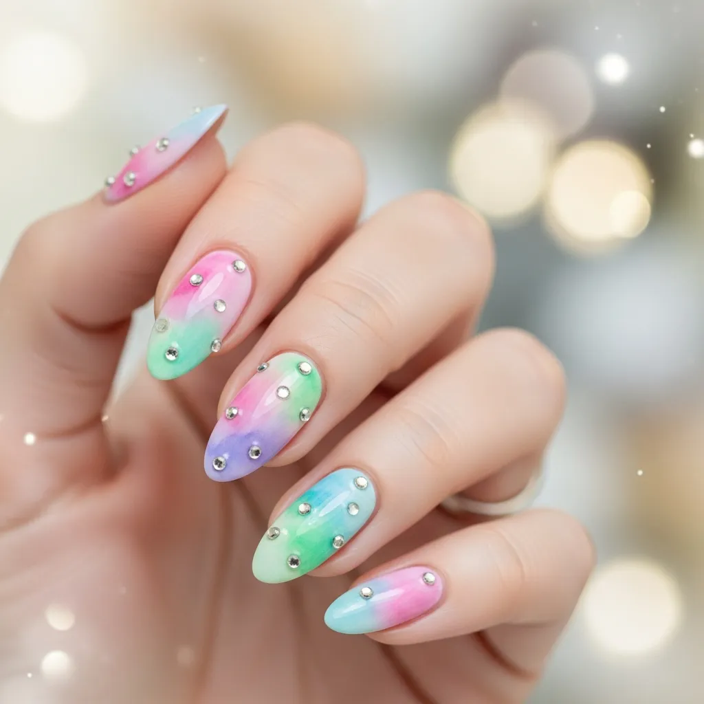 watercolor nails with rhinestone dewdrops