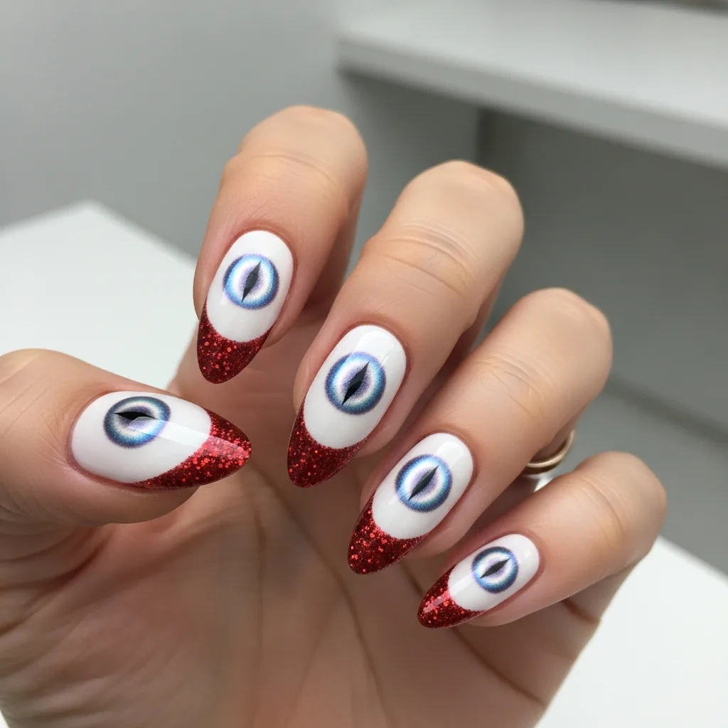23 Perfect Valentines Cat Eye Nails Designs 12 white cat eye with red glitter tips