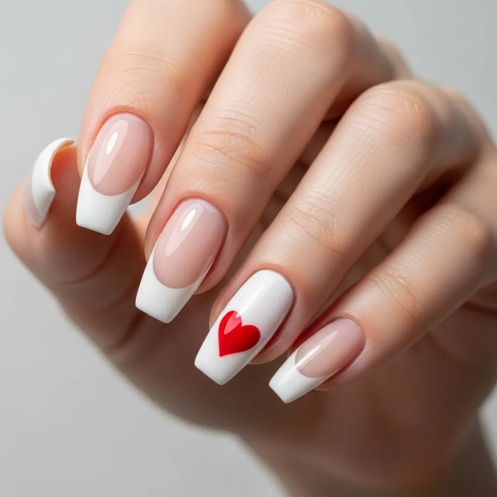 white french tip coffin nails with a heart accent