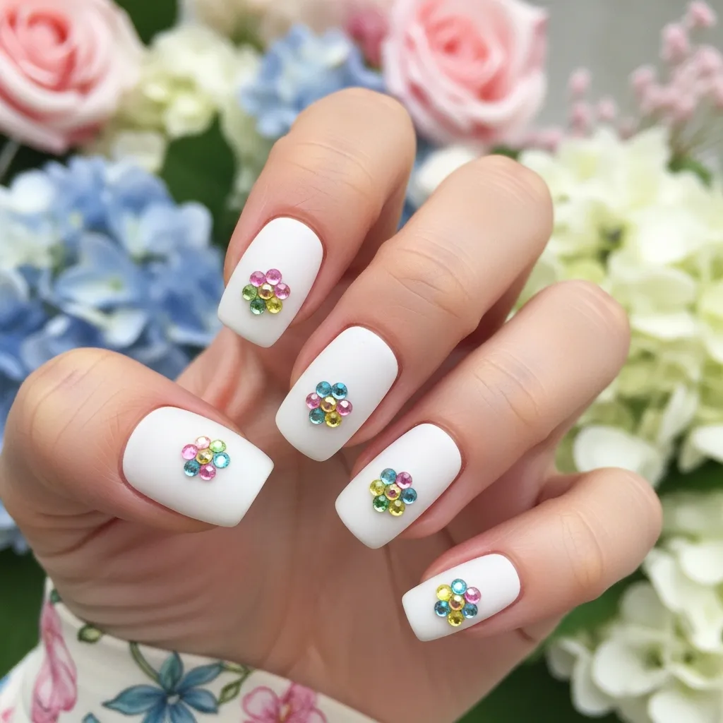 white nails with rhinestone flowers