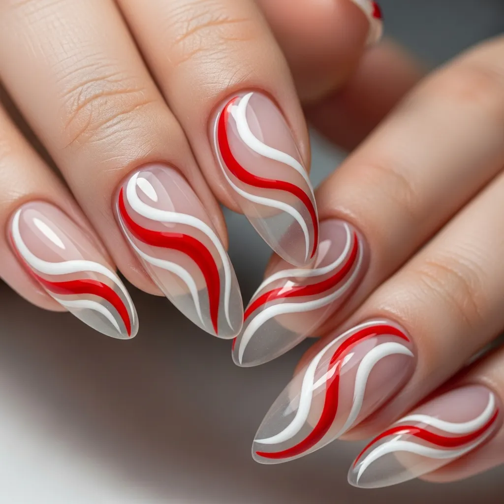 Top 19 Valentines Almond Nail Designs 8 white red swirls