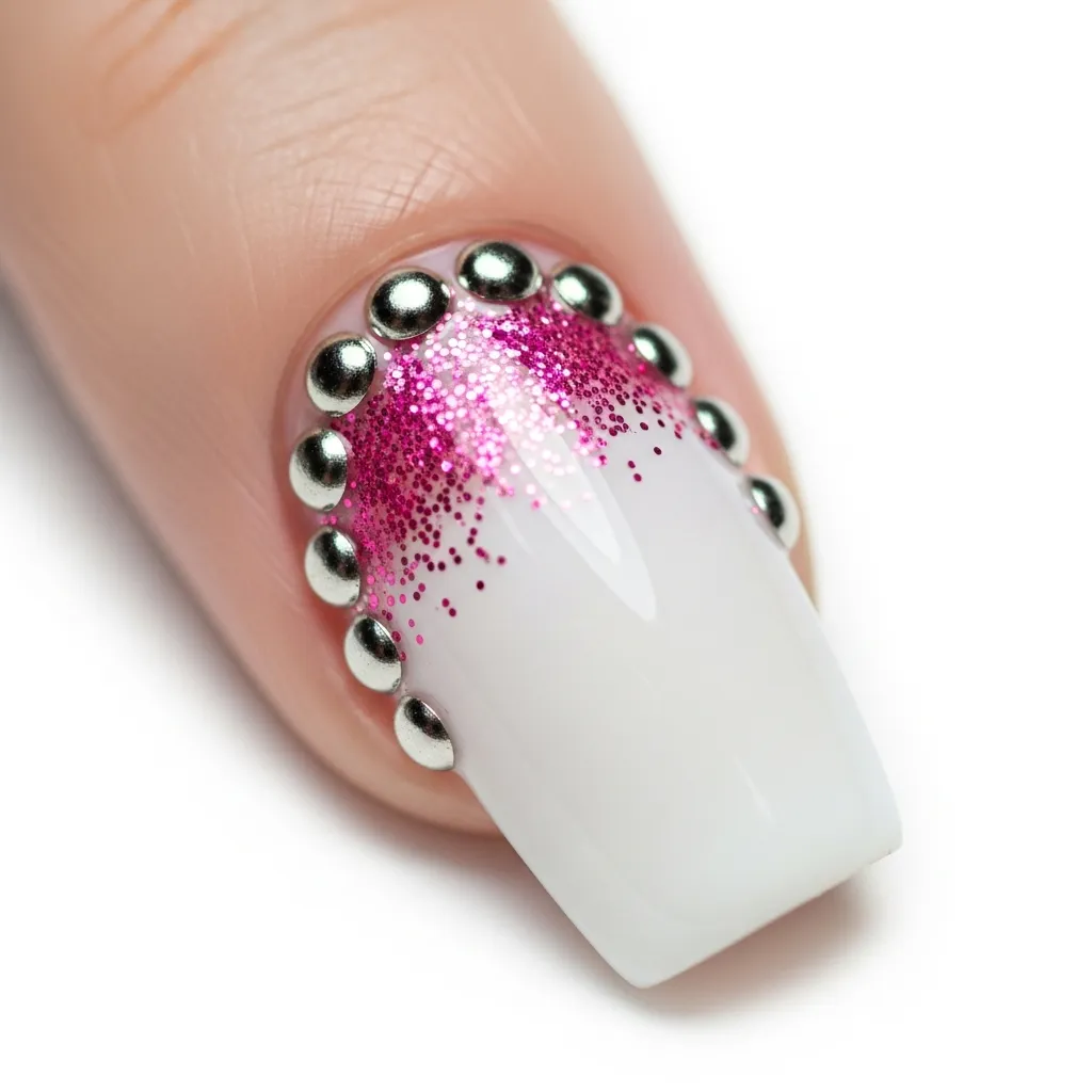 23 Dreamy White and Pink Valentines Nail Inspo 19 white with pink glitter accents and studs