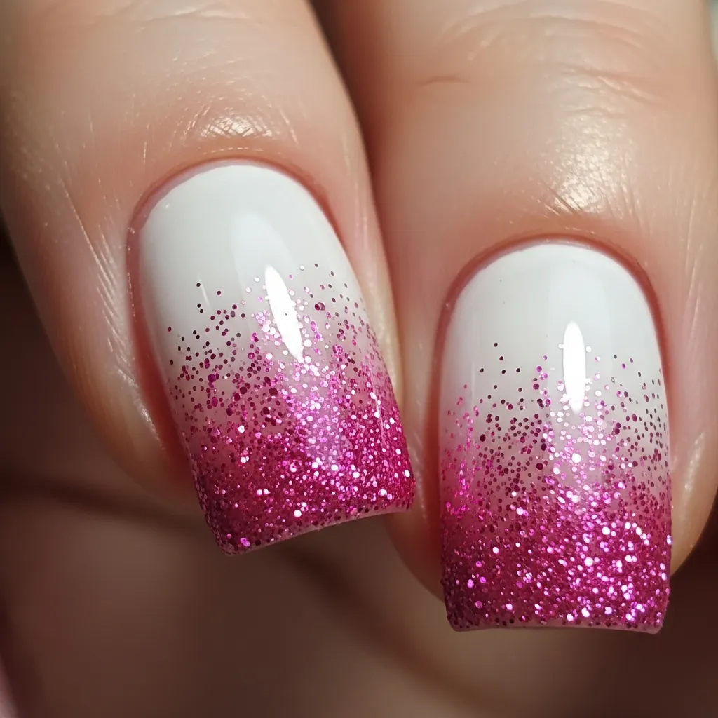 23 Dreamy White and Pink Valentines Nail Inspo 9 white with pink glitter gradient