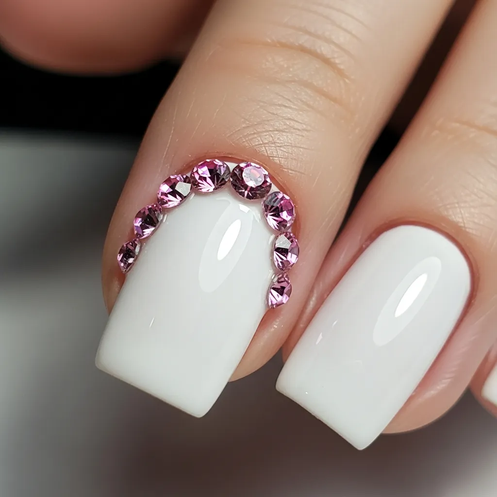23 Dreamy White and Pink Valentines Nail Inspo 15 white with pink rhinestone accents