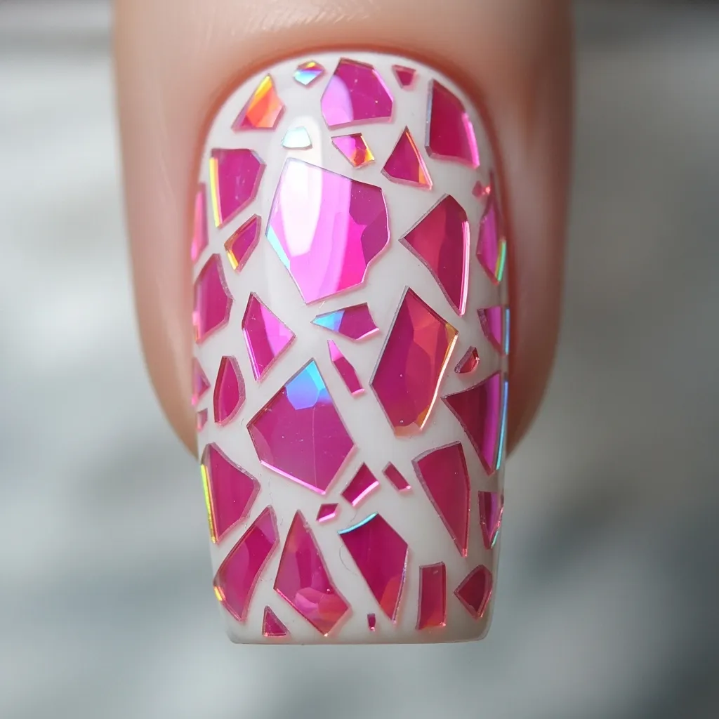 23 Dreamy White and Pink Valentines Nail Inspo 23 white with pink shattered glass effect