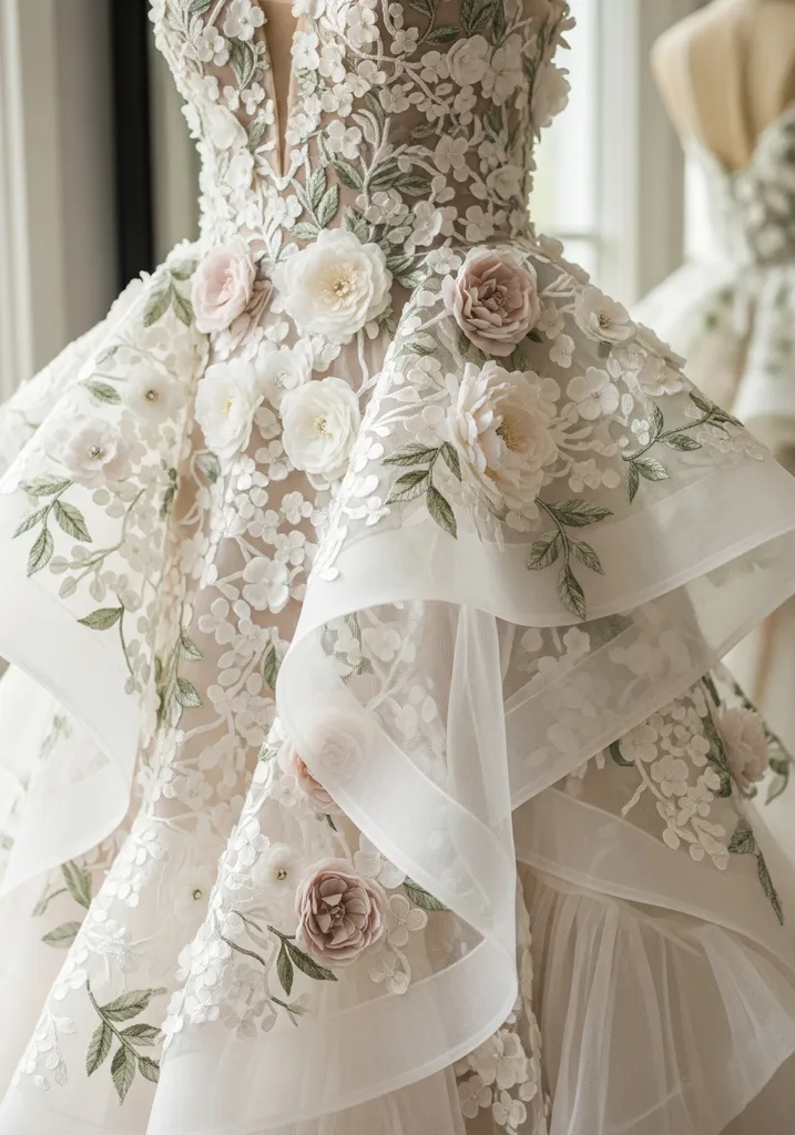 Appliqué detail organza ruffle gown