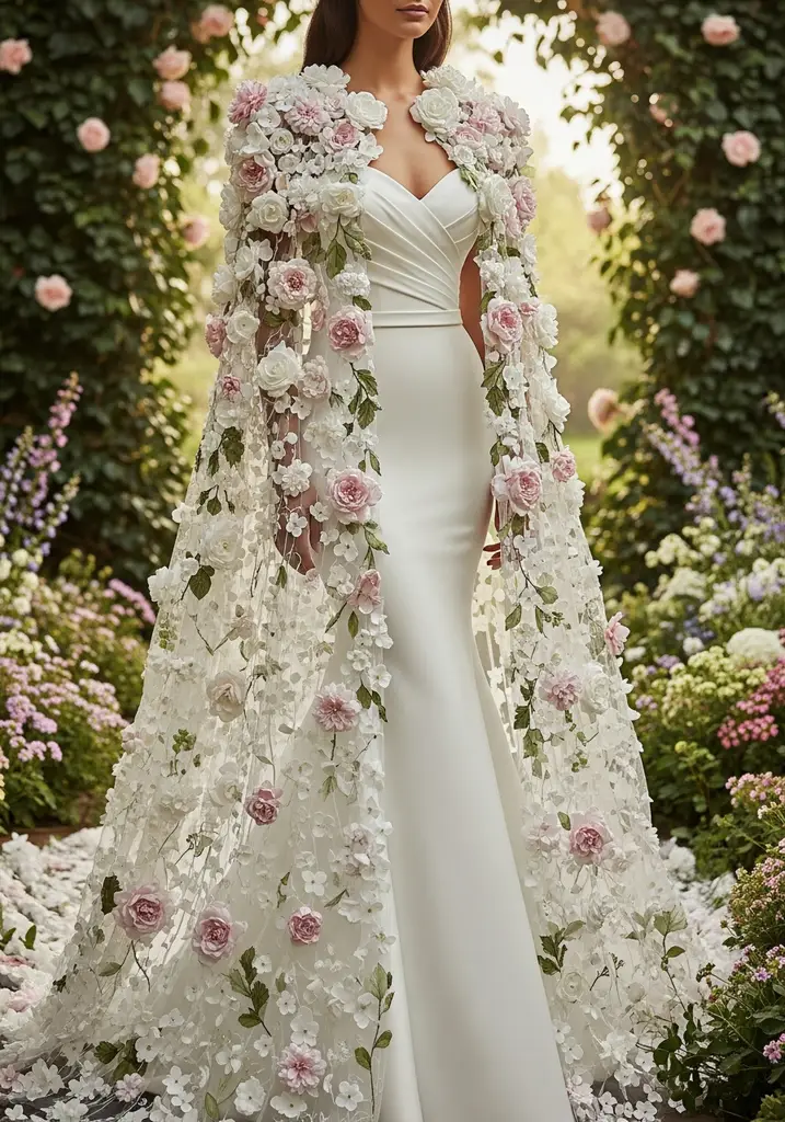 21 Cape Summer Wedding Guest Dresses for Elegant Style 18 Appliqué floral cape dress