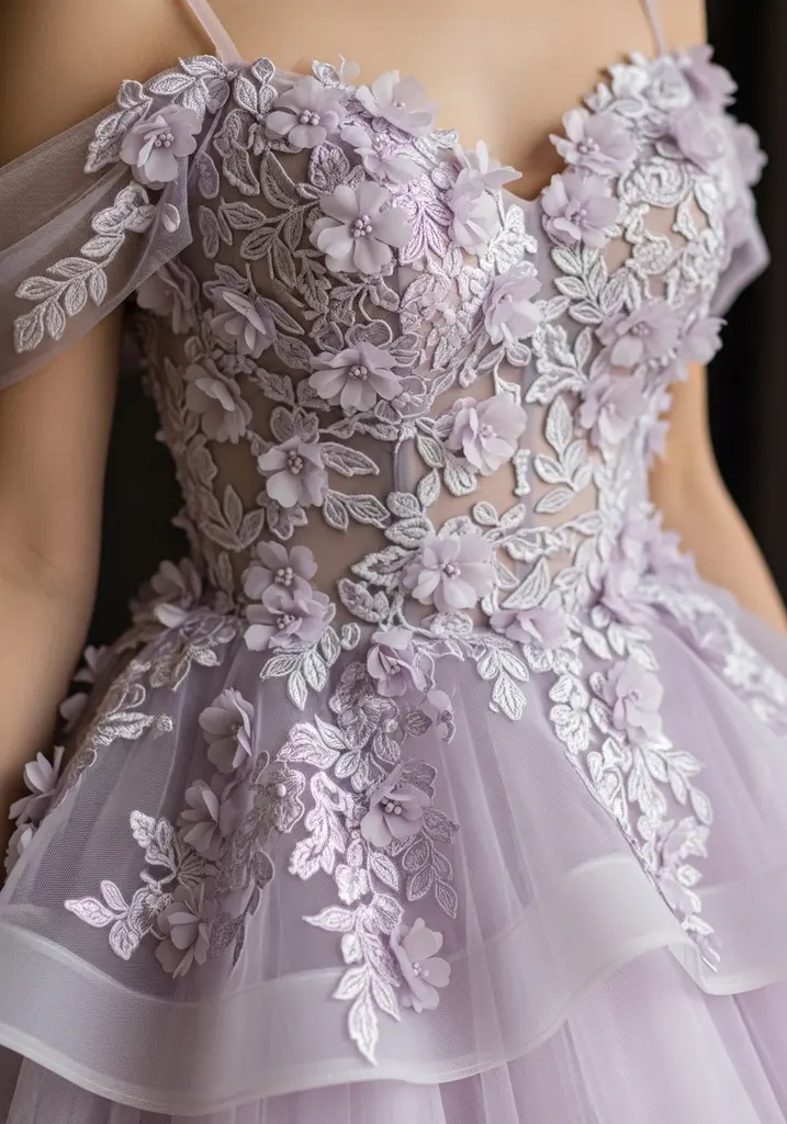 21 Off Shoulder Summer Wedding Guest Dresses 17 Lilac tulle off shoulder gown with floral appliqués