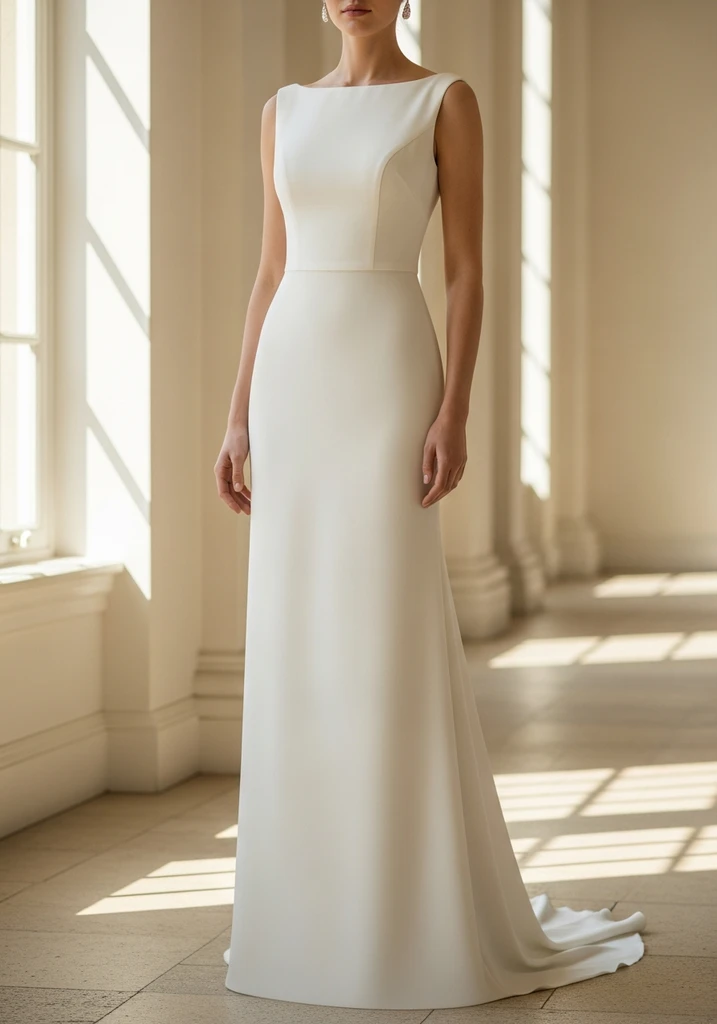 Cream bateau neck column dress for wedding guest