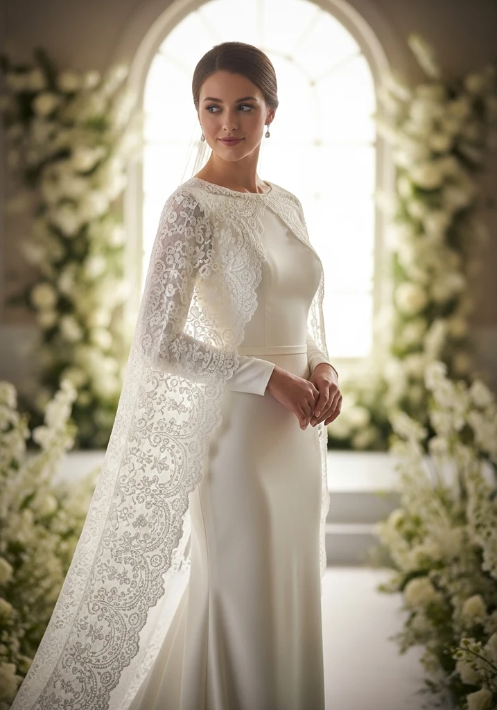 21 Cape Summer Wedding Guest Dresses for Elegant Style 13 Bateau neck lace cape dress
