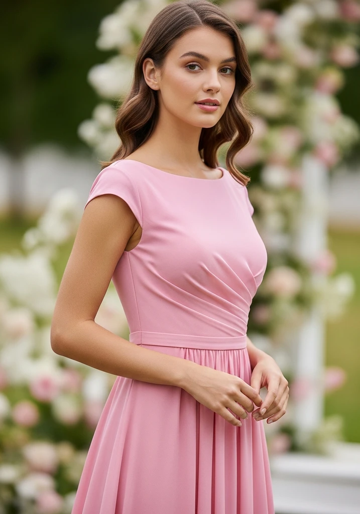 31 Best Sunset Ombre Summer Wedding Guest Dresses 12 Pink and rose crepe midi dress with bateau neck