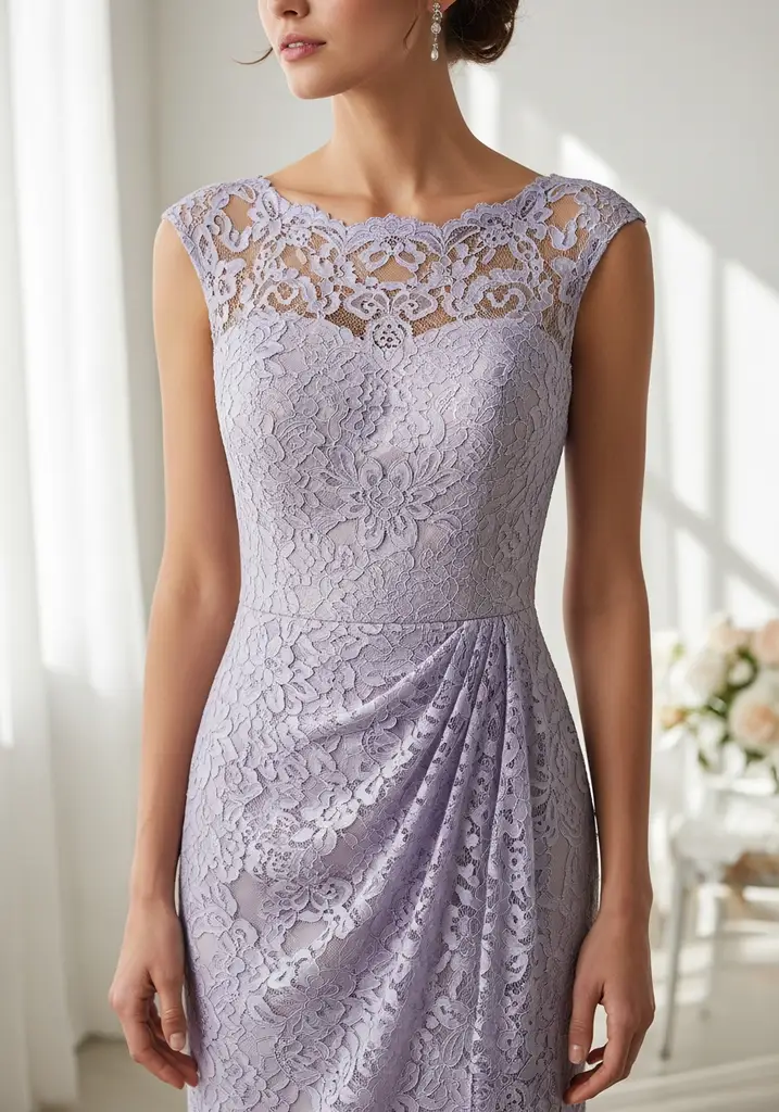 Lavender lace sheath dress with bateau neckline