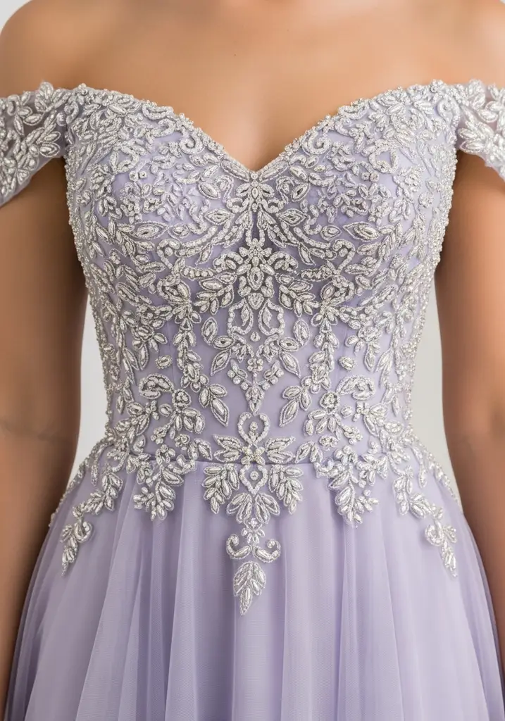 21 Off Shoulder Summer Wedding Guest Dresses 11 Lavender beaded off shoulder A line gown