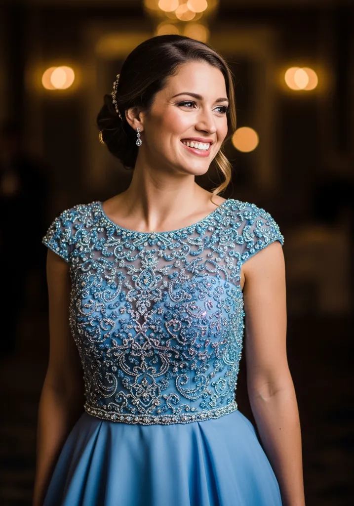 15 Cornflower Blue Summer Wedding Guest Dresses 15 Radiant woman in a cornflower blue A-line gown with a dazzling Beaded bodice.