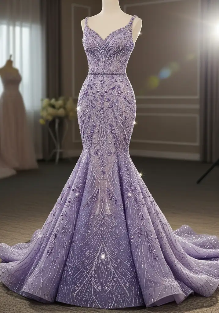 21 Lilac Summer Wedding Guest Dresses for Every Style 14 Lilac beaded mermaid dress for formal wedding guest