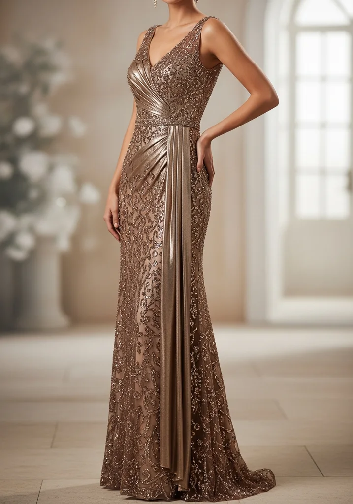 31 Best Sunset Ombre Summer Wedding Guest Dresses 17 Gold and bronze beaded ombre cocktail dress