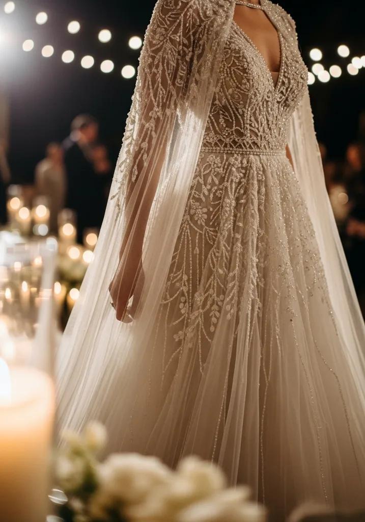21 Cape Summer Wedding Guest Dresses for Elegant Style 5 Beaded tulle cape gown for formal weddings