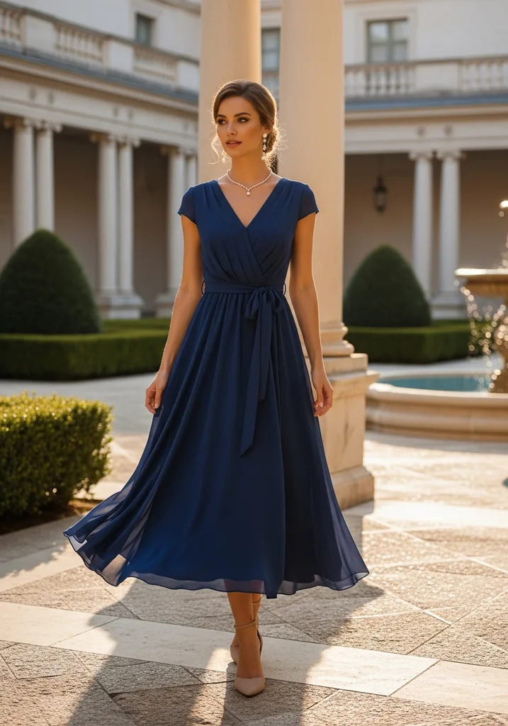 19 Best Chiffon Summer Wedding Guest Dresses 13 Belted navy blue chiffon midi dress
