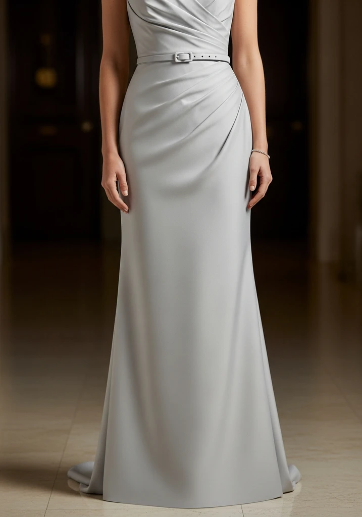 Silver belted crepe sheath maxi dress