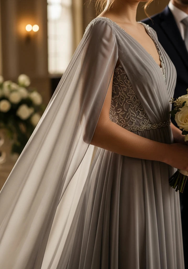 19 Best Chiffon Summer Wedding Guest Dresses 14 Cape sleeve grey chiffon wedding guest gown