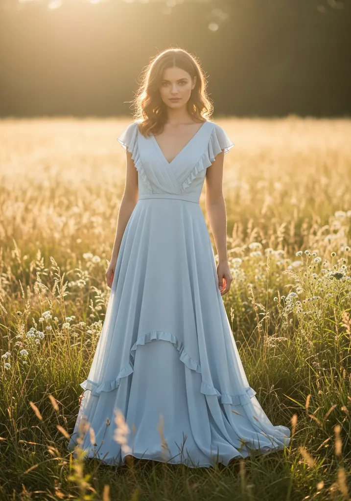 15 Boho Summer Wedding Guest Dresses for Effortless Style 3 Woman in light blue Chiffon A-line dress with ruffles