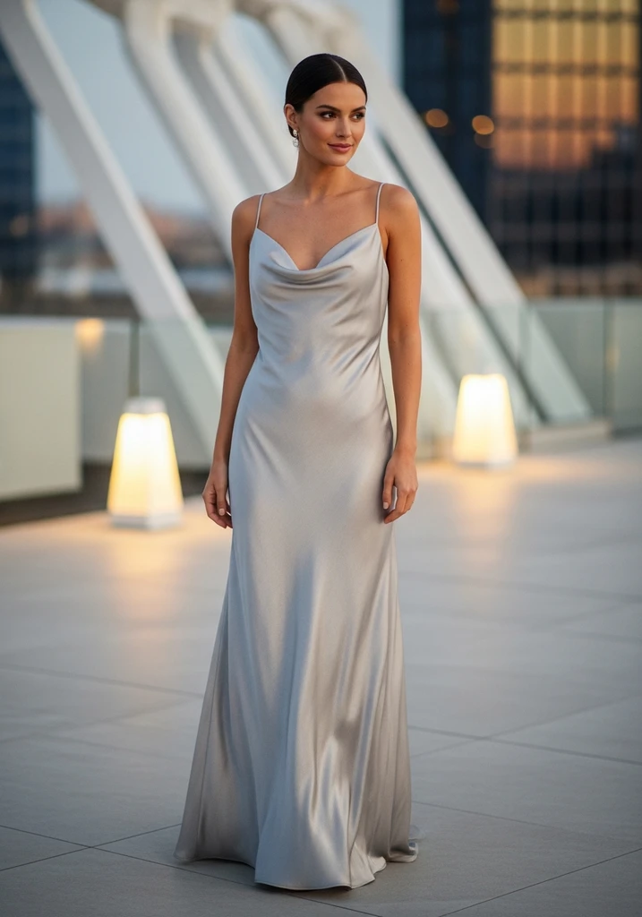19 Best Chiffon Summer Wedding Guest Dresses 19 Cowl neck silver chiffon slip dress