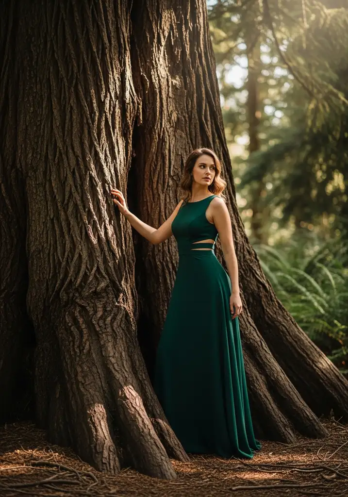 15 Boho Summer Wedding Guest Dresses for Effortless Style 15 Woman in forest green maxi dress with waist cutouts