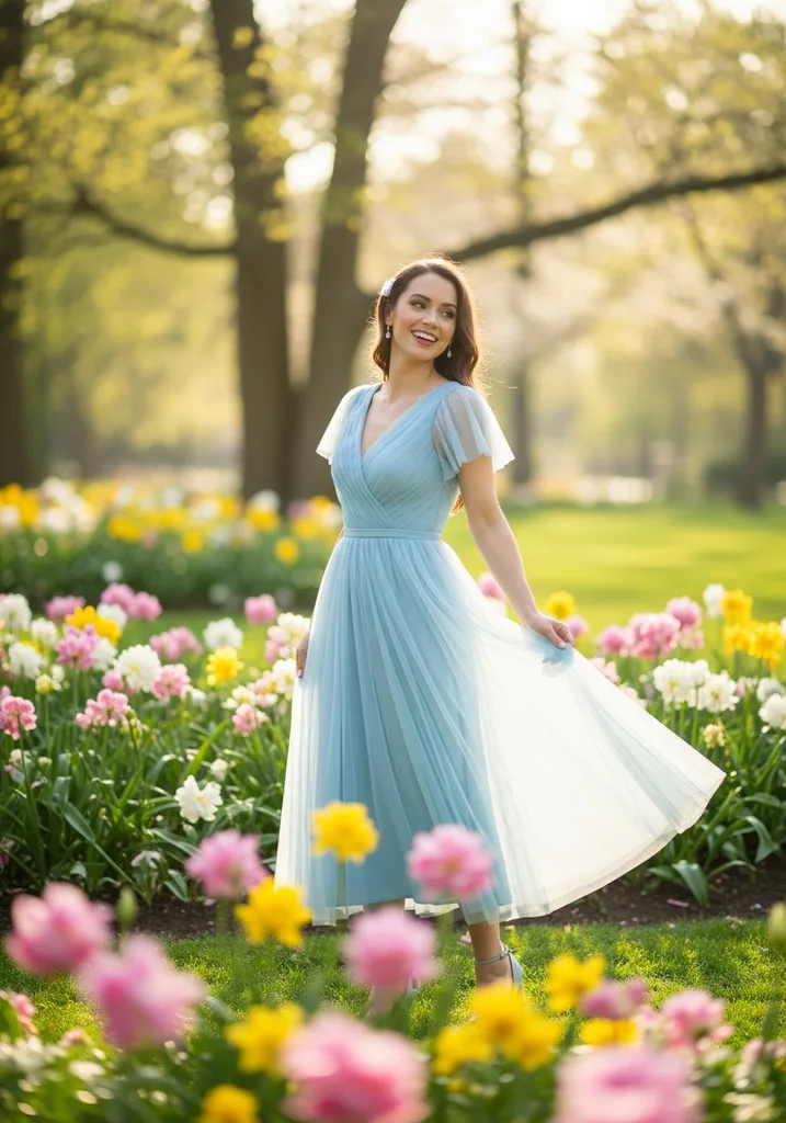 23 Light Blue Dresses for Wedding Guests 9 Light blue Tulle midi dress with Sweetheart neckline, charming and stylish.