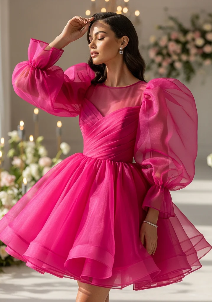 23 Hot Pink Summer Wedding Guest Dresses 10 Dragonfruit pink organza mini dress for wedding guest
