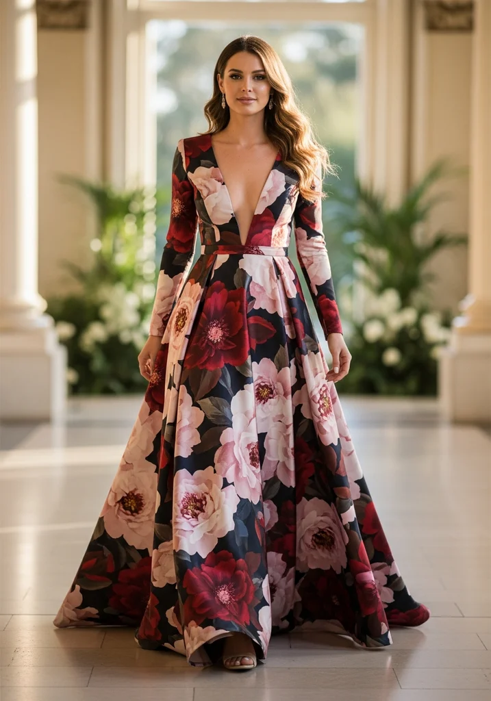25 Floral Print Summer Wedding Guest Dresses 24 dramatic-v-neck-maxi