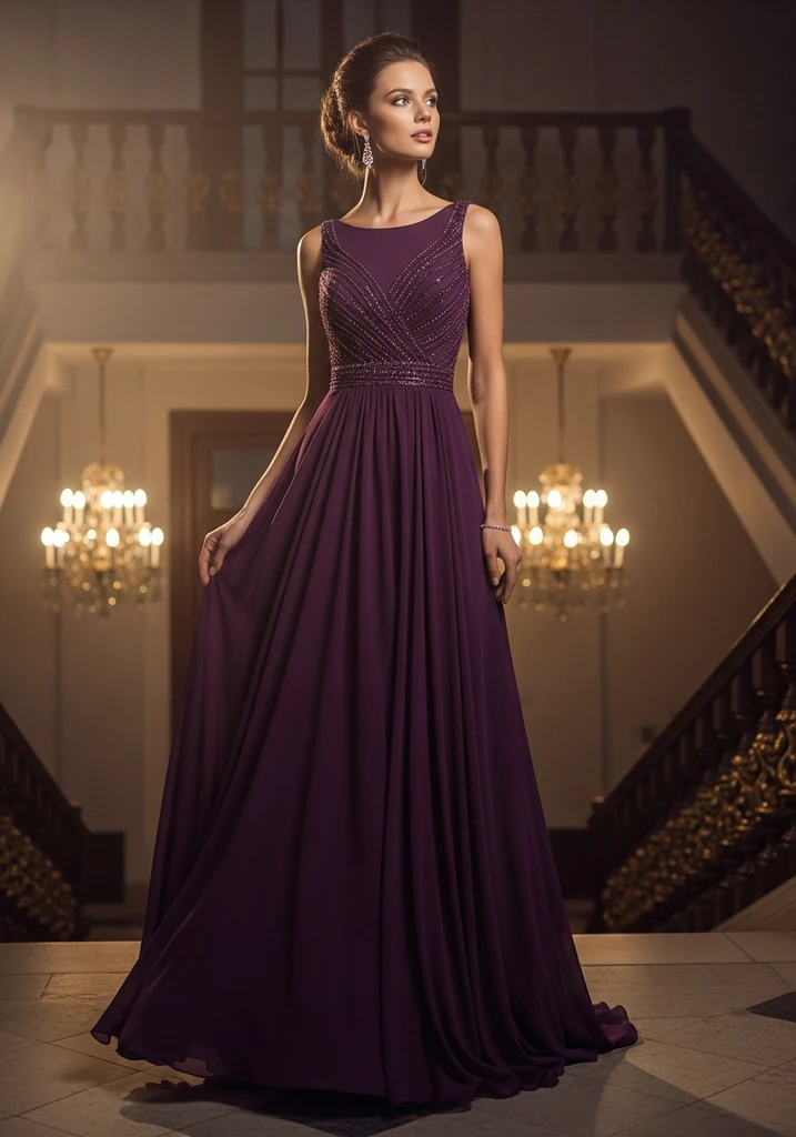 19 Best Chiffon Summer Wedding Guest Dresses 18 Embellished waist plum chiffon gown