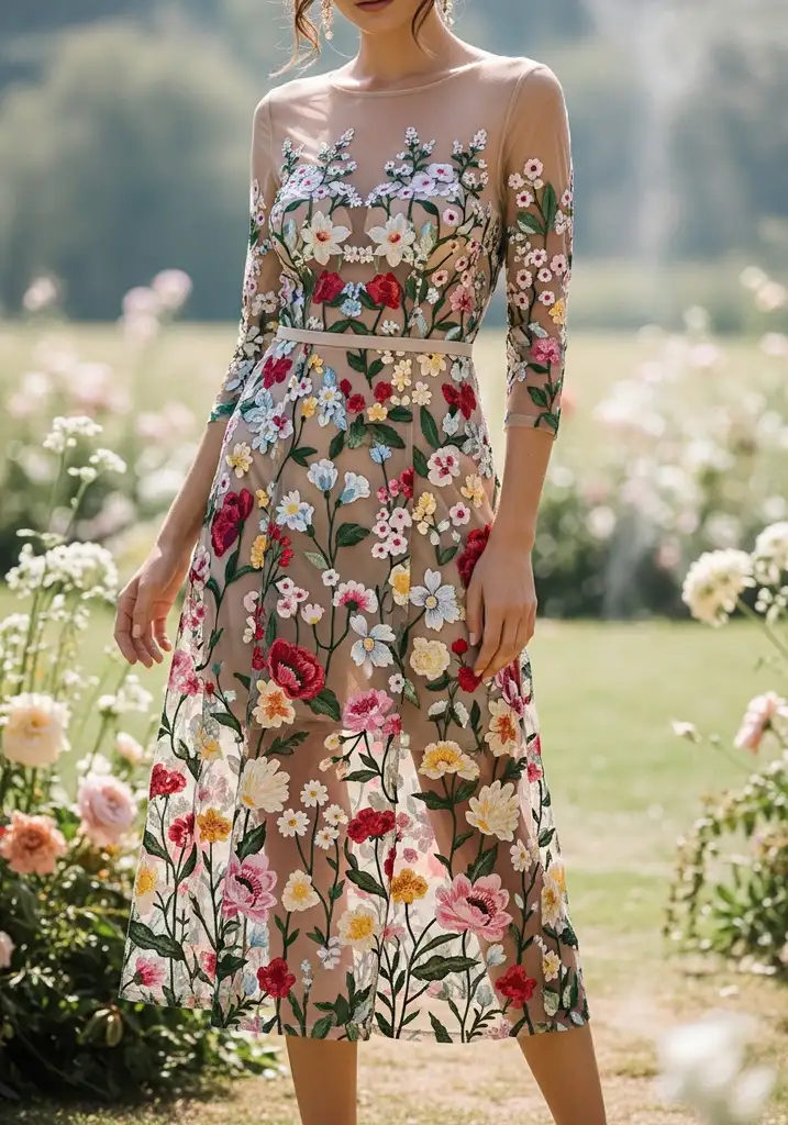 27 Summer Wedding Guest Dress Ideas for Every Venue 17 Embroidered mesh midi dress for wedding guest