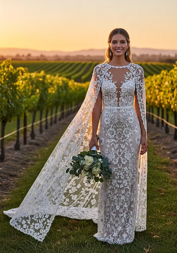 21 Cape Summer Wedding Guest Dresses for Elegant Style 9 Embroidered mesh sheath dress with cape