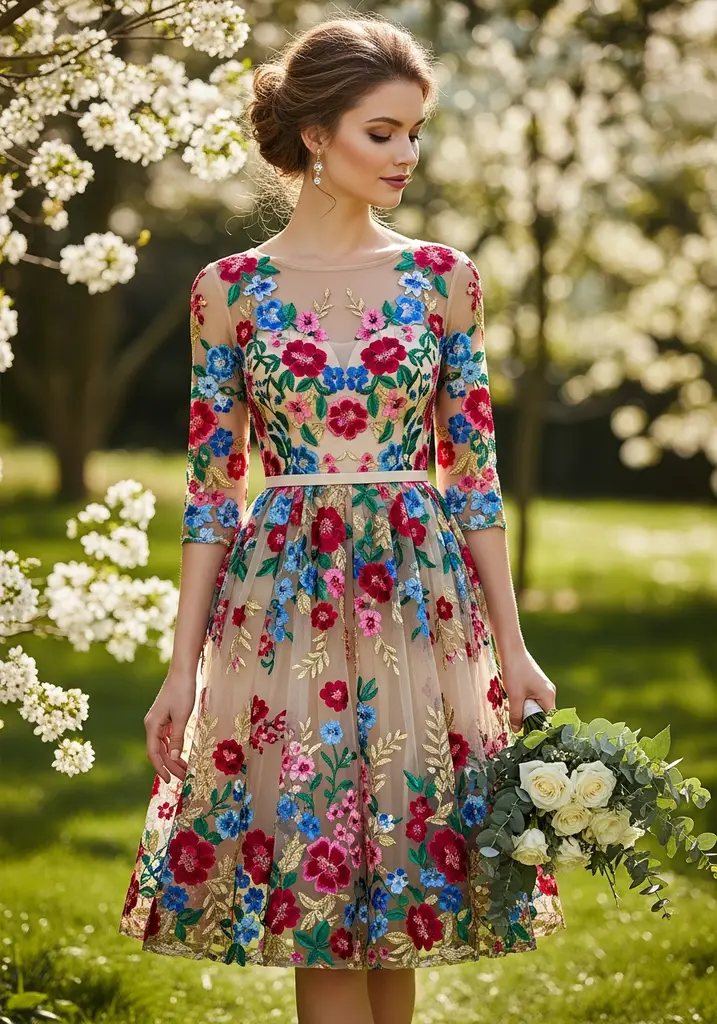 25 Midi Summer Wedding Guest Dresses for Every Style 8 Embroidered mesh tea-length midi dress