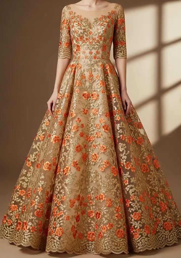 31 Best Sunset Ombre Summer Wedding Guest Dresses 22 Gold and orange embroidered organza guest dress