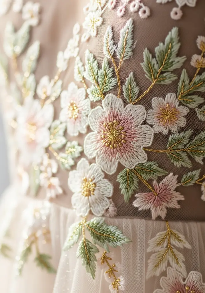 Detailed embroidery on a tulle maxi dress