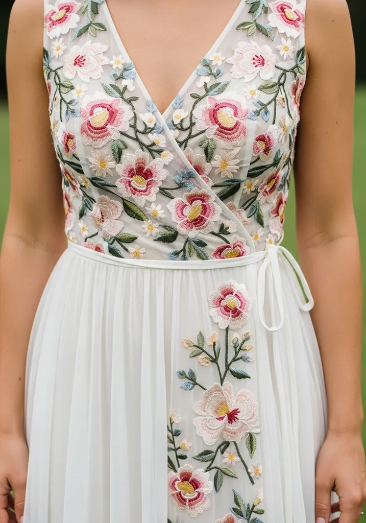 Embroidered wrap dress for wedding guest