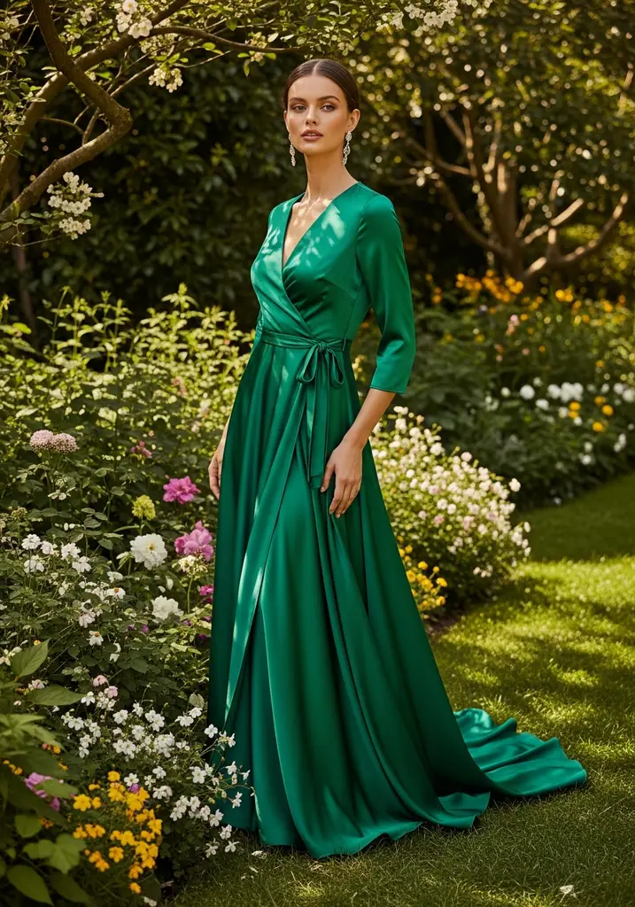Emerald green satin wrap dress