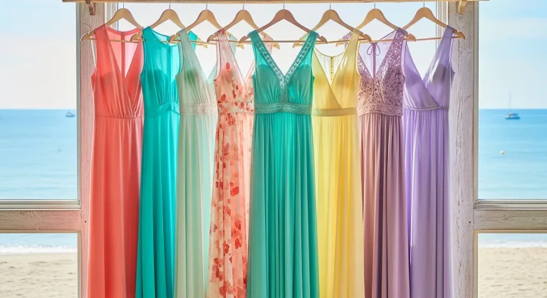 27 Dresses for Beach Weddings: Seaside Guest Style 67 Colorful beach wedding guest dresses on a rack