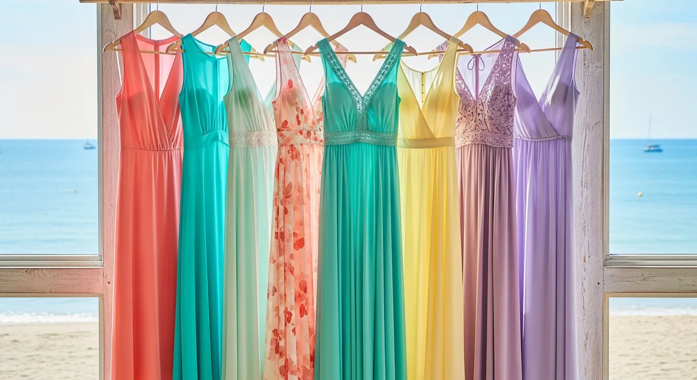 Colorful beach wedding guest dresses on a rack