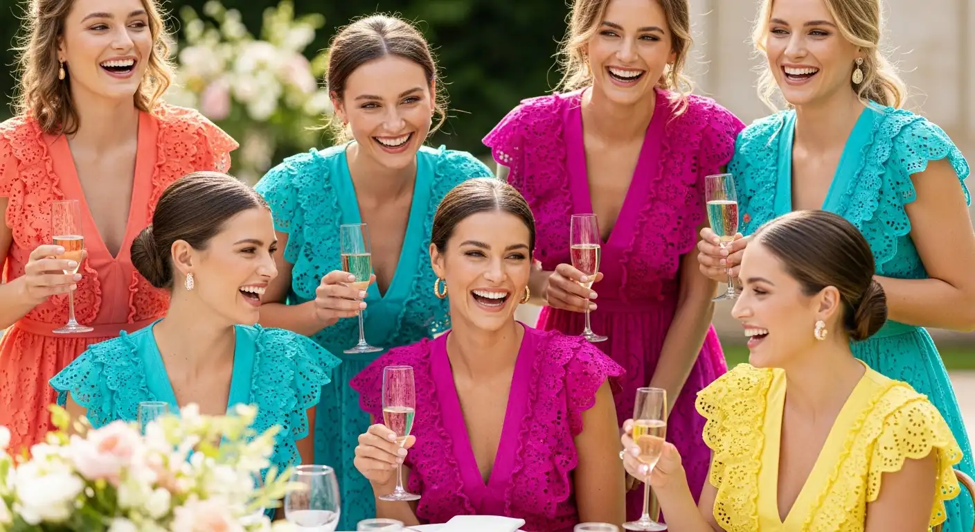 Group of wedding guests in ruffled summer dresses