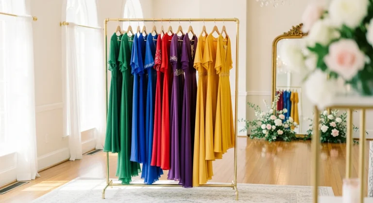 25 Silk Summer Wedding Guest Dresses for Elegant Style 52 Colorful silk wedding guest dresses on a rack