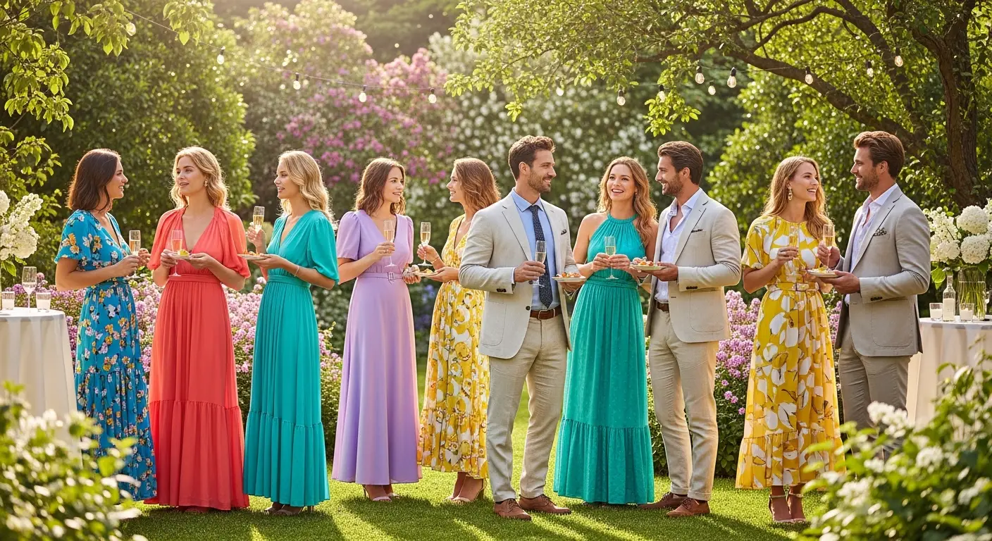 27 Summer Wedding Guest Dress Ideas for Every Venue 1 Wedding guests in summer dresses at a garden party
