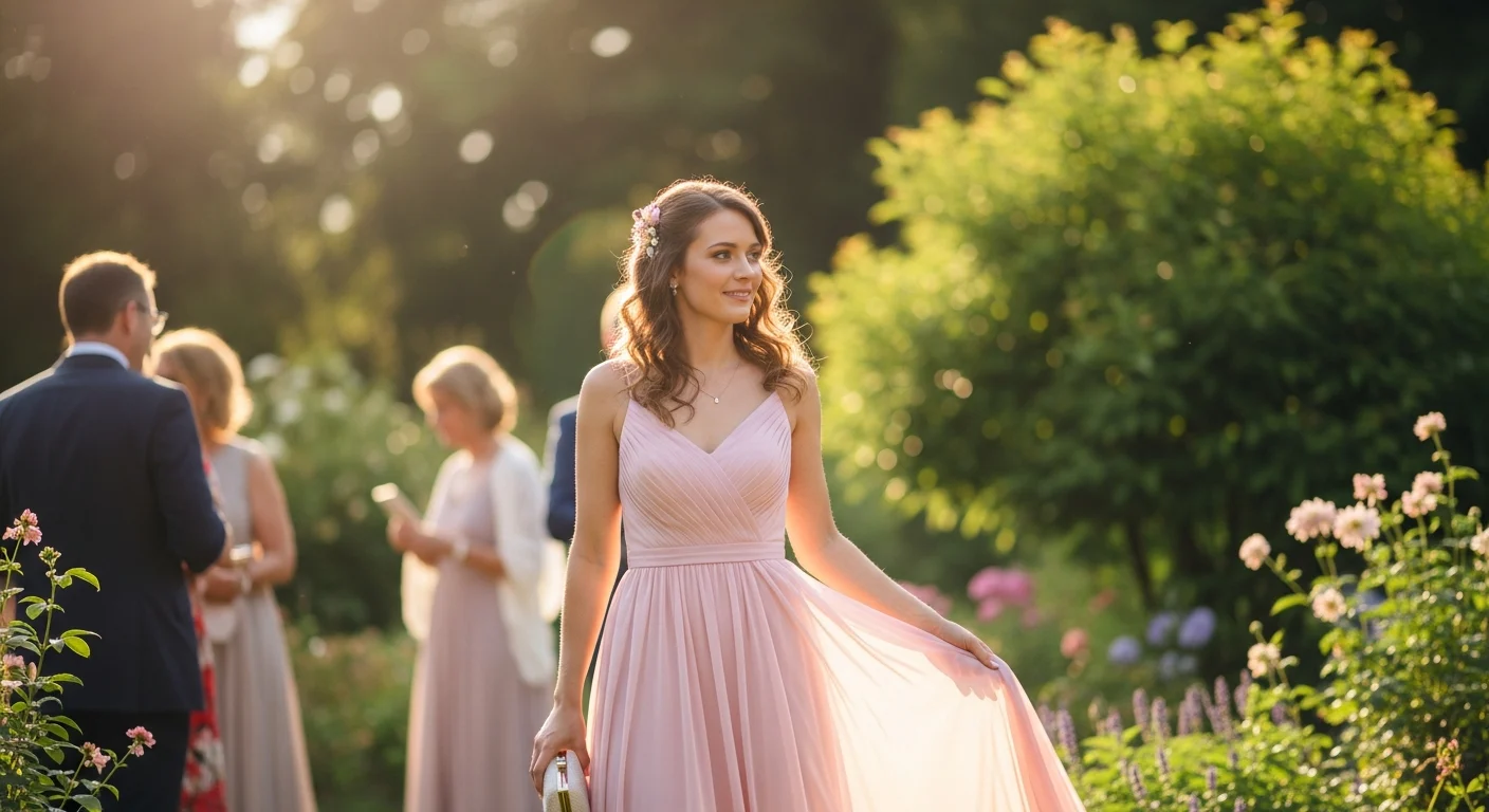 19 Best Chiffon Summer Wedding Guest Dresses 1 Woman in a flowing chiffon dress at a summer wedding